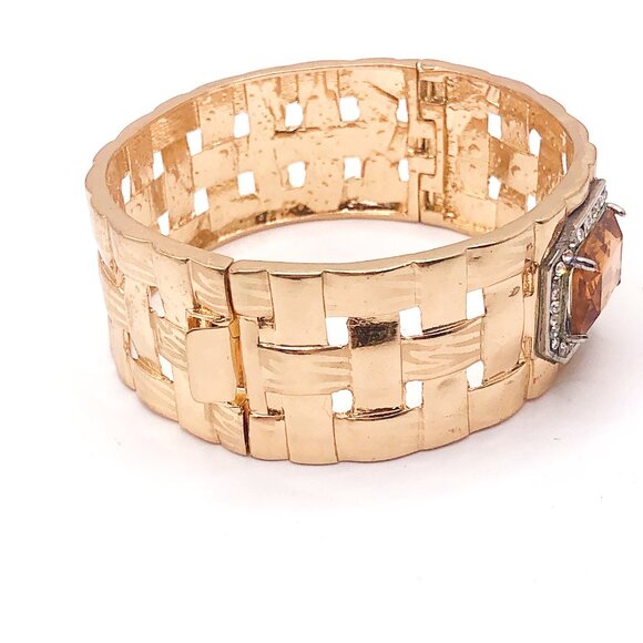 Gold tone lattice clamper bracelet with amber glass stone rhinestone halo - Picture 5 of 10